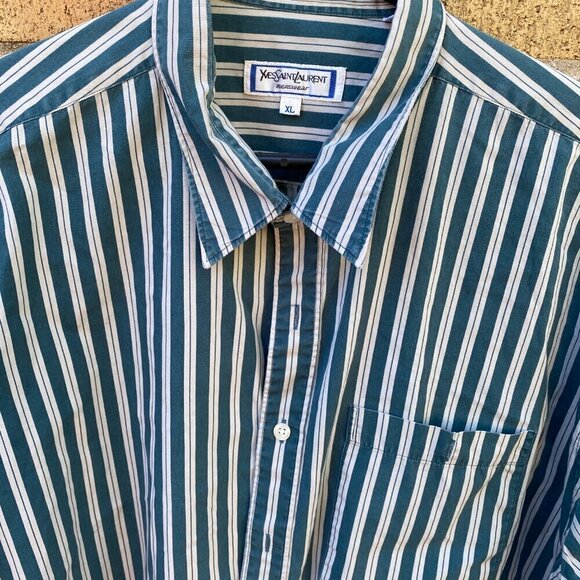 Vintage Yves Saint Laurent Striped Button Up Shirt XL White/Green - Picture 4 of 10